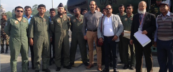 BGMEA President Md. Atiqul Islam and Vice President Shahidullah Azim went to Nepal with more than ten thousand clothes early this morning by a special BAF flight and handed over the clothes to Nepal authority to distribute those among the earthquake victi